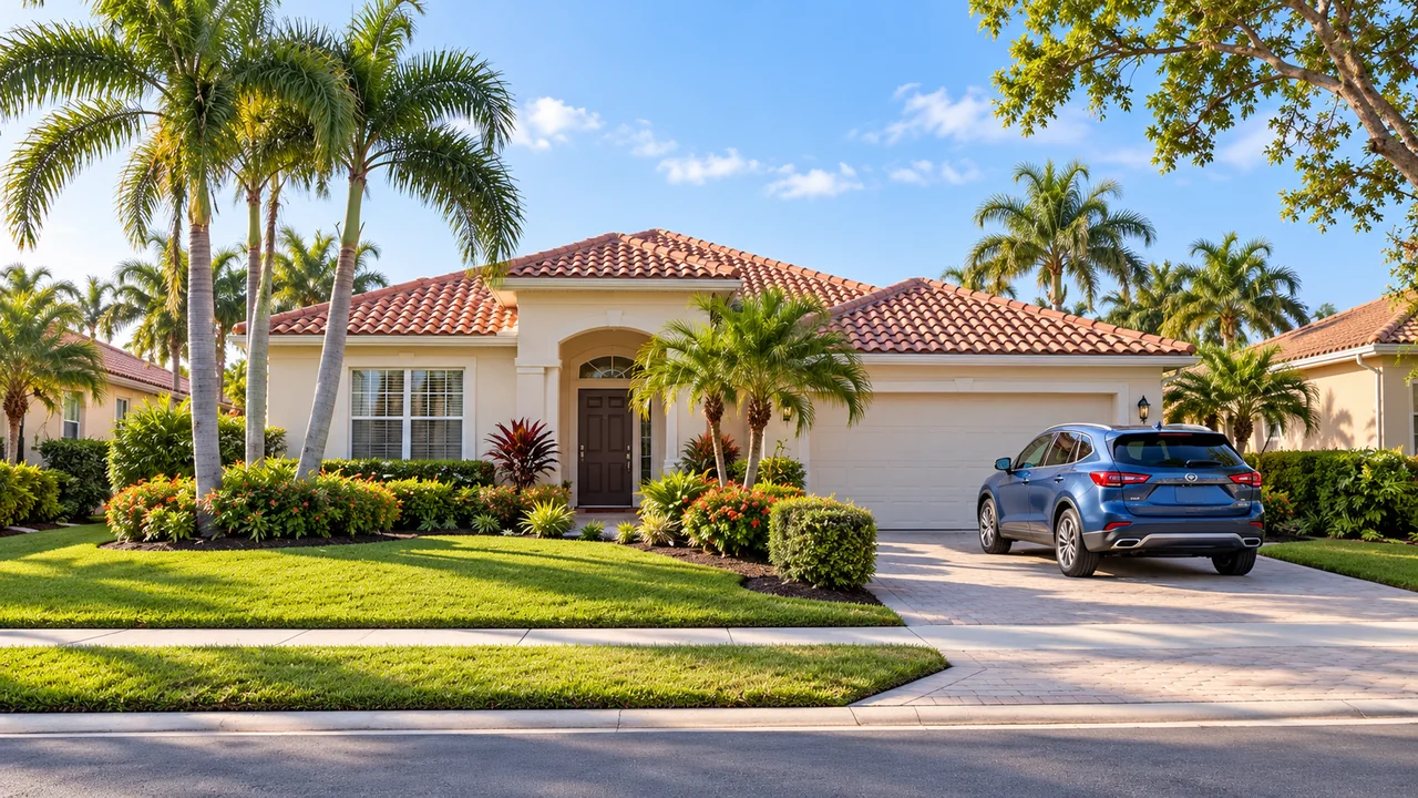AI illustration of a welcoming South Florida home with palms and an everyday family vehicle